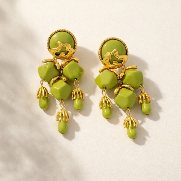 Lime Green & Gold Statement Drop Earrings – Modern Geometric Chandelier Style - Picture 5 of 7